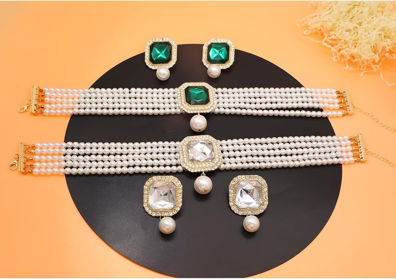 CIOOU Pearl Choker Necklace for Women Gold Crystal Rhinestone Pearl Collar Statement Necklaces Earrings Bridal Pearls Diamond jewelry Set for Wedding - Image 5